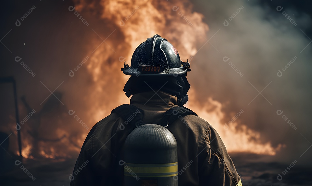 Vista de um bombeiro apagando incêndio