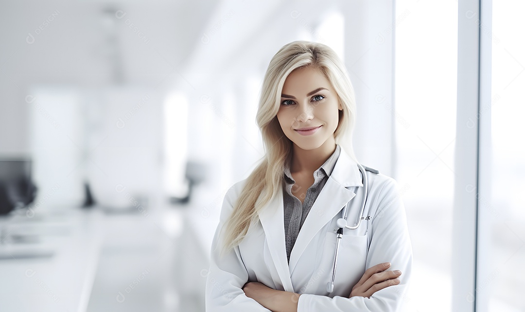 Linda médica com jaleco branco