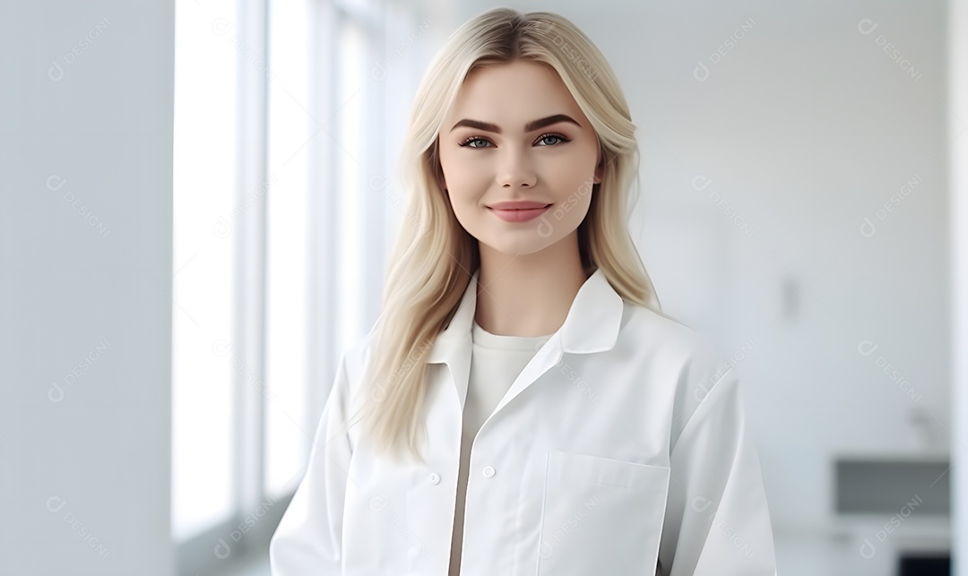 Linda médica de jaleco branco no hospital