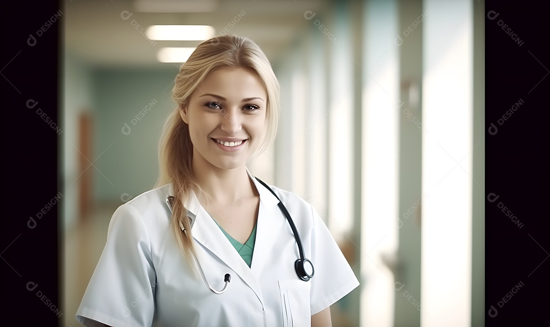 Linda médica de jaleco branco no hospital