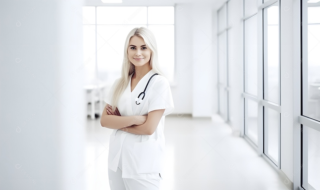 Linda médica de jaleco branco no hospital