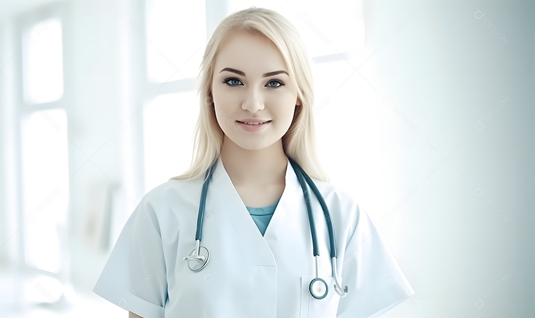 Linda médica de jaleco branco no hospital