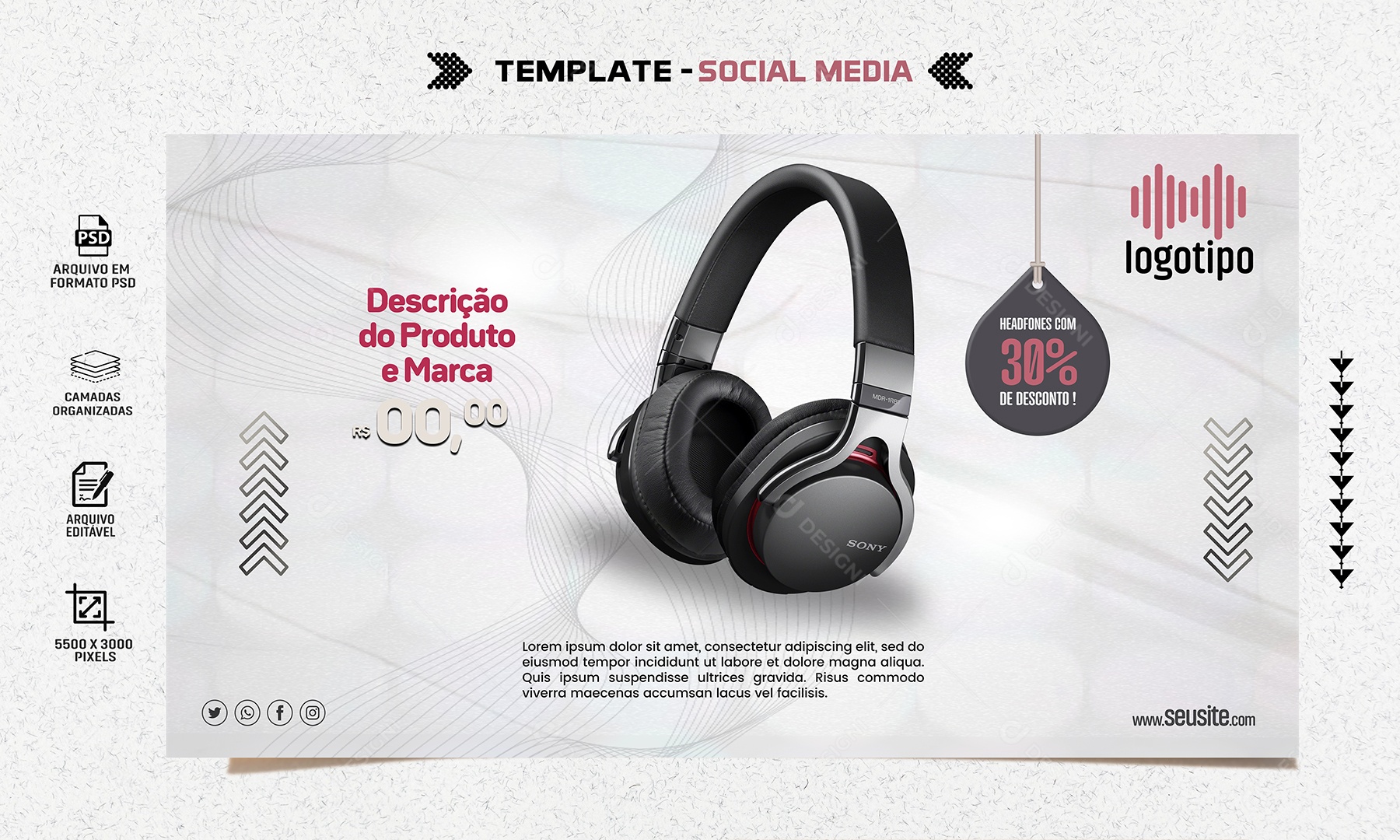 Headfones Com 30% de Desconto Lojas Eletrônicos Social Media PSD Editável