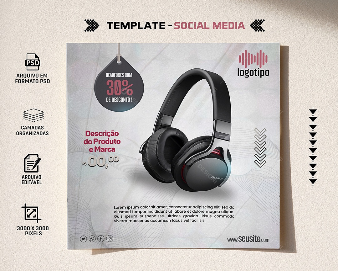 Headfones Com 30% de Desconto Lojas Eletrônicos Social Media PSD Editável