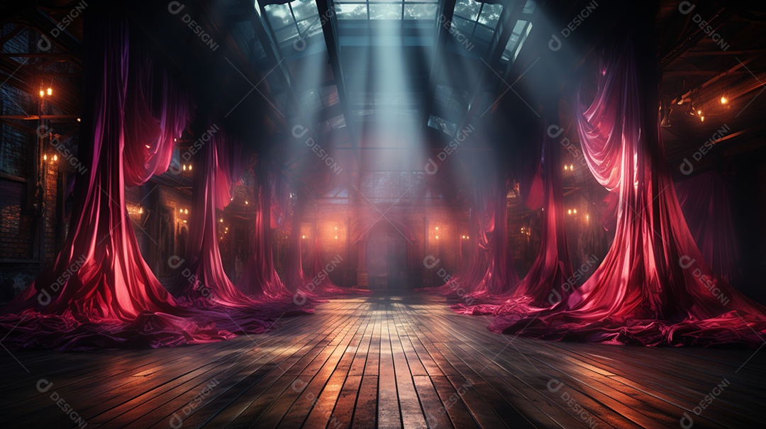 Um palco envolto por uma cortina cativante brilhante