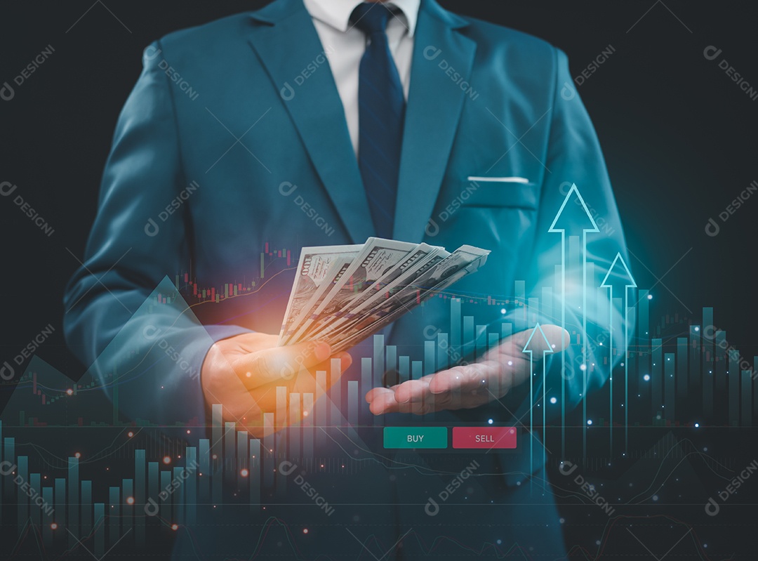 Conceito de investimento e finanças, empresário segurando dinheiro, mercado de ações, lucros e crescimento dos negócios