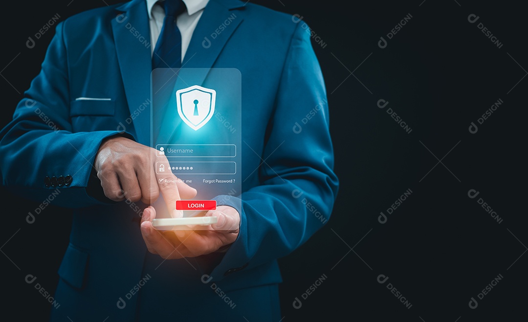 Empresário está pressionando a tela do telefone. Representa proteção contra hacks externos, conceitos de segurança de proteção de código, vírus, firmware e malware.