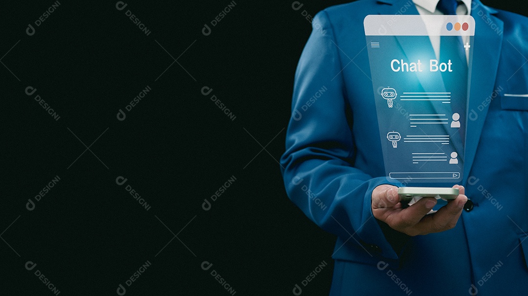 O uso manual do empresário mostra um smartphone para digitar chat ao vivo, perguntar, responder com um sistema de inteligência artificial. chatbot. Ai assistente.