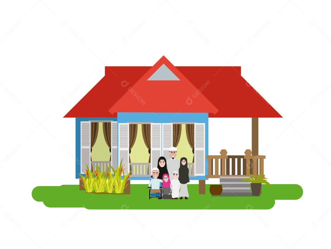 Família Muçulmana em Casa Pequena Vetor EPS