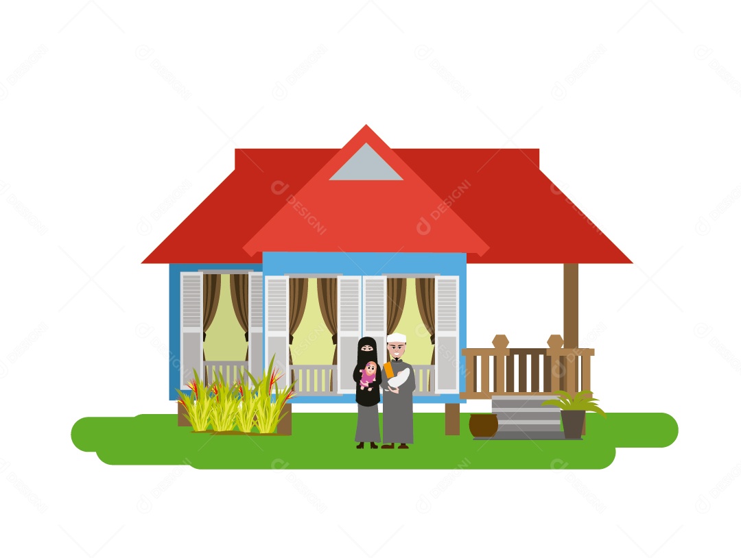Família Muçulmana em Casa Pequena Vetor EPS