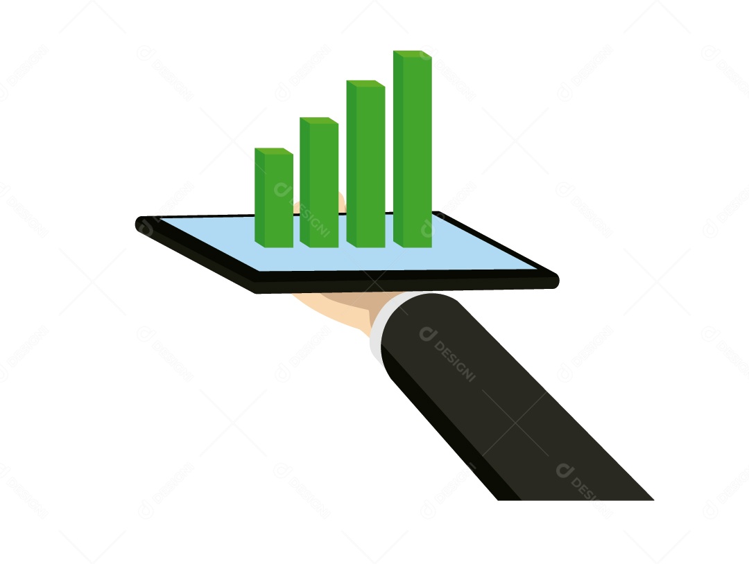 Mãos de Empresário Segura Tablet com Gráfico de Negócios no Verde Vetor EPS