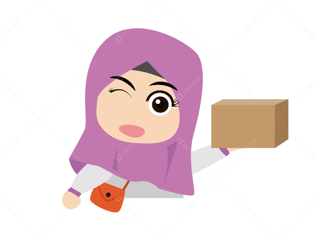 Menina Mulçumana de Hijabe Roxo Segurando Caixa Vetor EPS