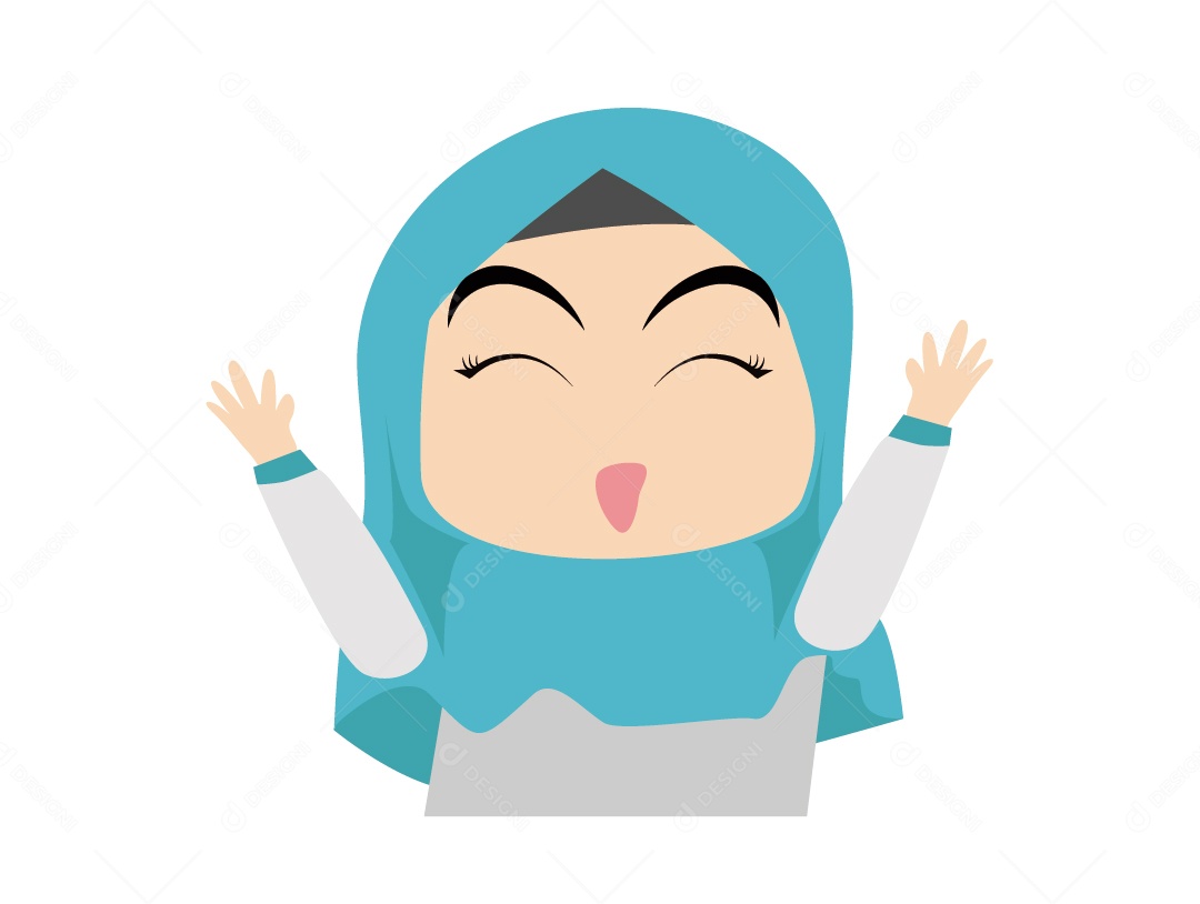 Menina Mulçumana de Hijabe Feliz com Mão para Cima Vetor EPS