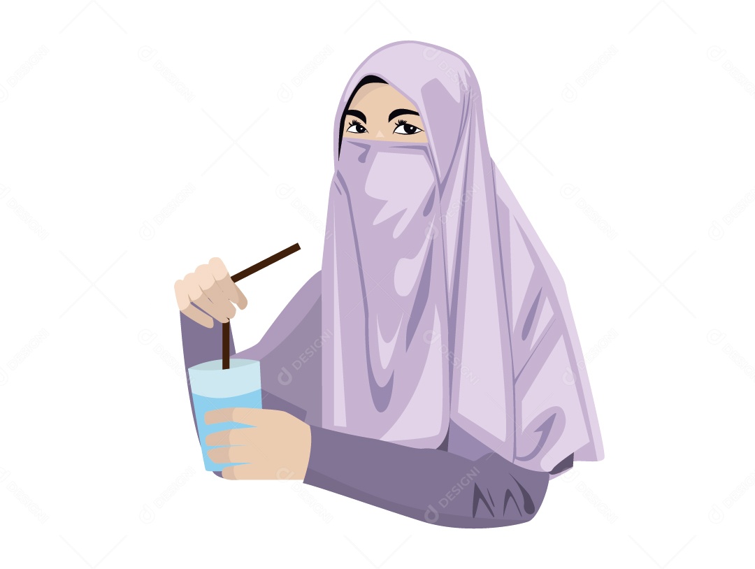 Mulher Mulçumana de Hijabe Tomando Água Vetor EPS