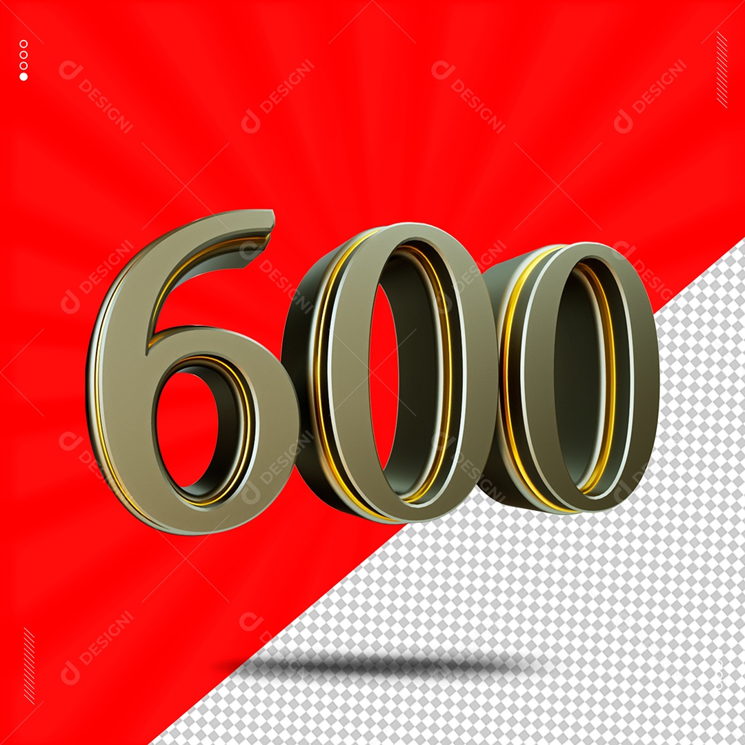 Número 3D 600 Cinza e Dourado Para Composição PSD