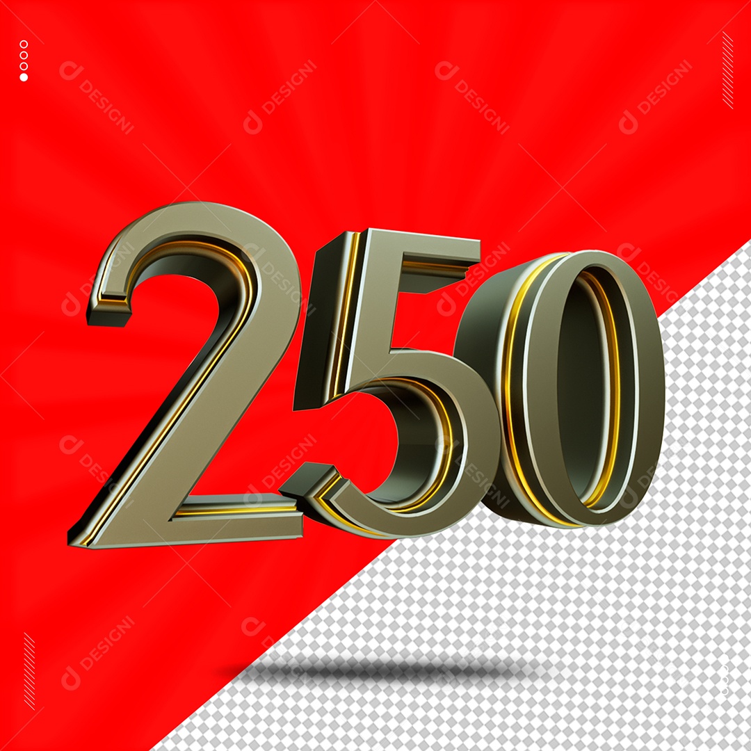 Número 3D 250 Cinza e Dourado Para Composição PSD