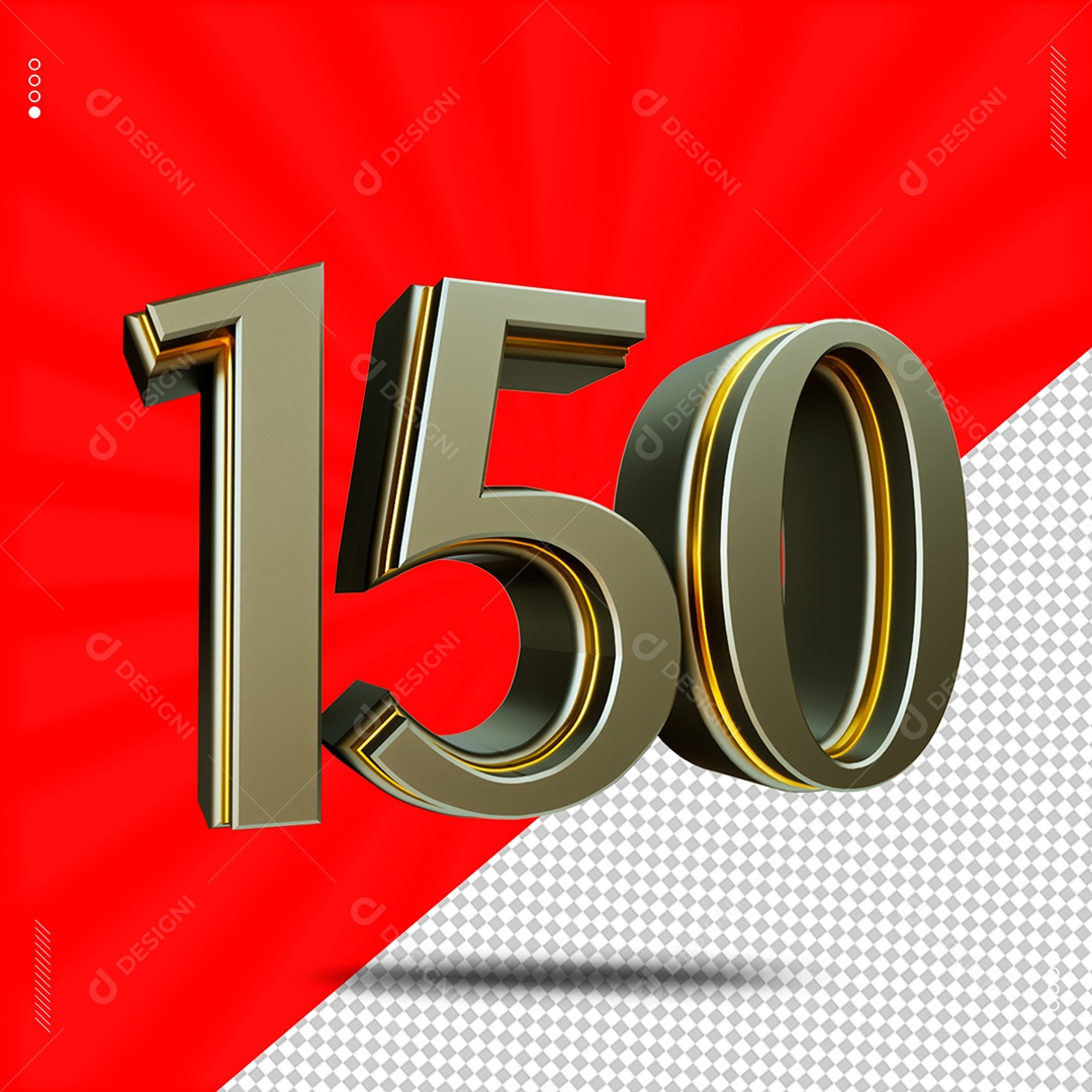 Número 3D 150 Cinza e Dourado Para Composição PSD