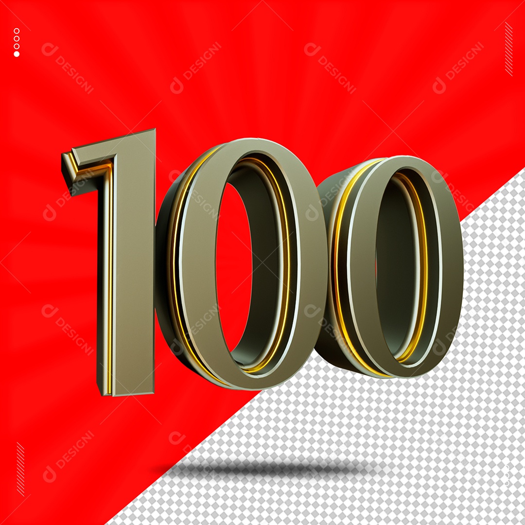 Número 3D 100 Cinza e Dourado Para Composição PSD