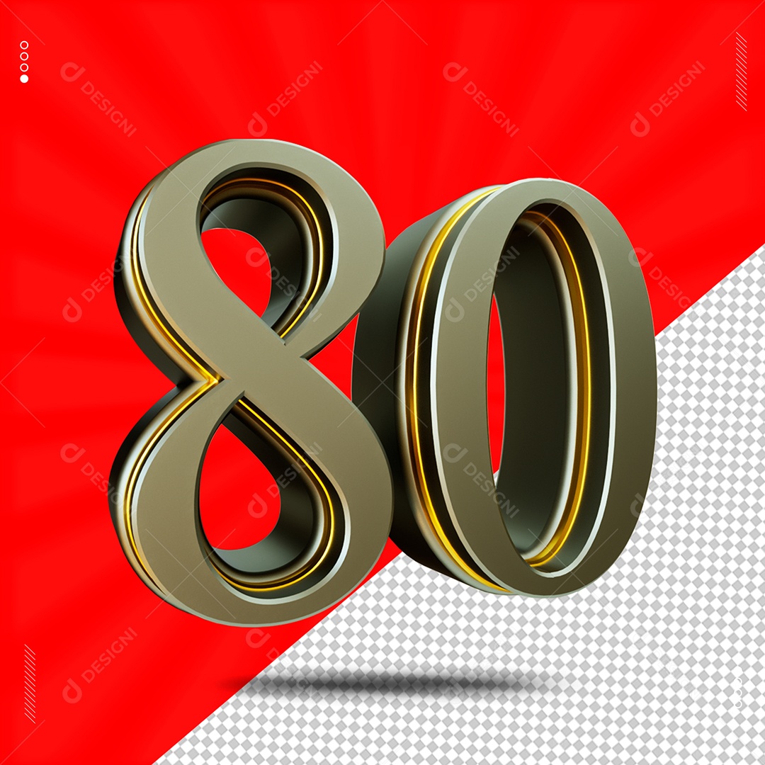 Número 3D 80 Cinza e Dourado Para Composição PSD