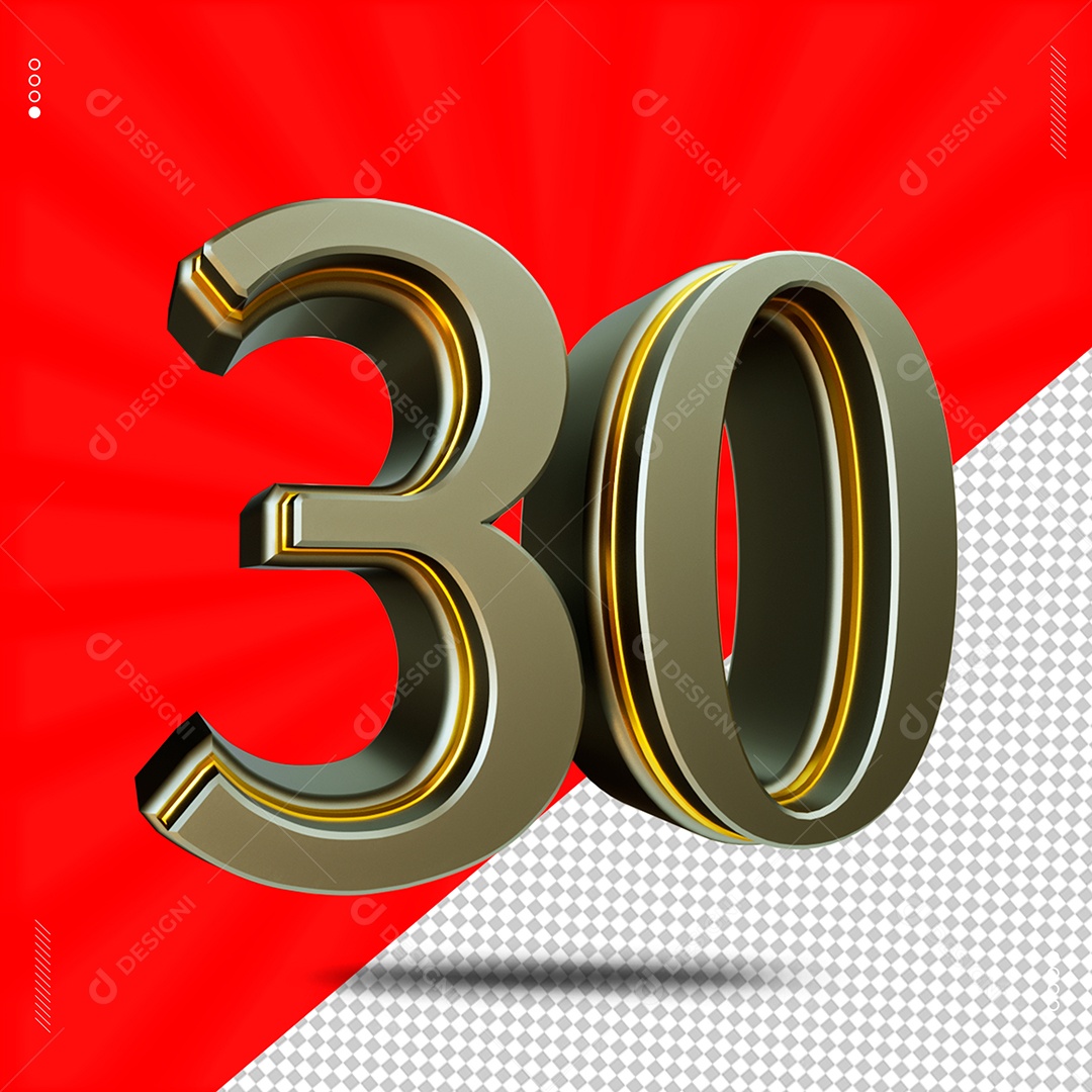 Número 3D 30 Cinza e Dourado Para Composição PSD