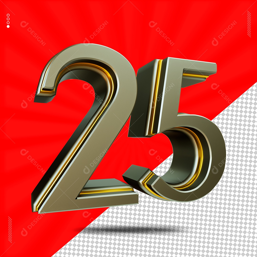 Número 3D 25 Cinza e Dourado Para Composição PSD