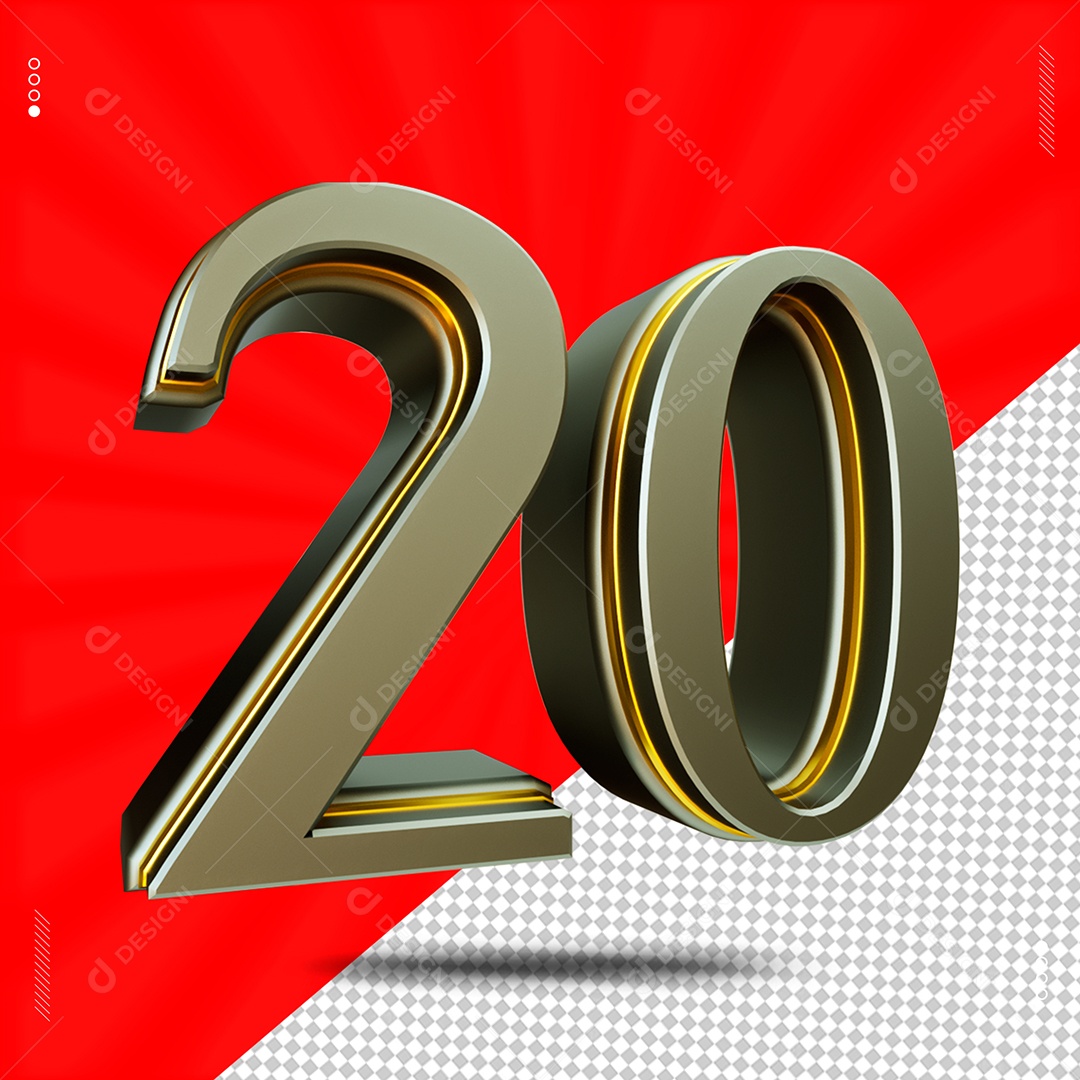 Número 3D 20 Cinza e Dourado Para Composição PSD