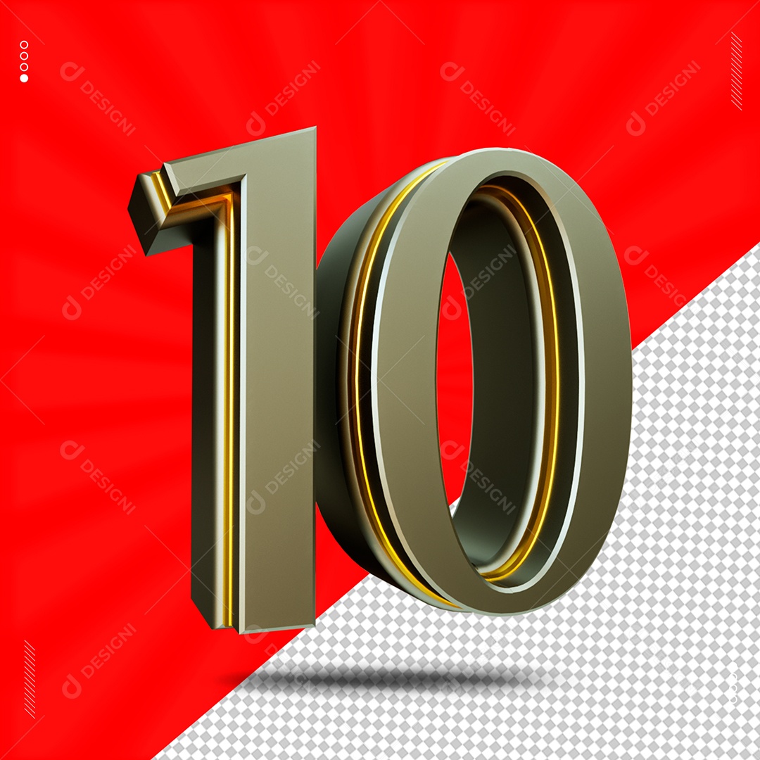Número 3D 10 Cinza e Dourado Para Composição PSD