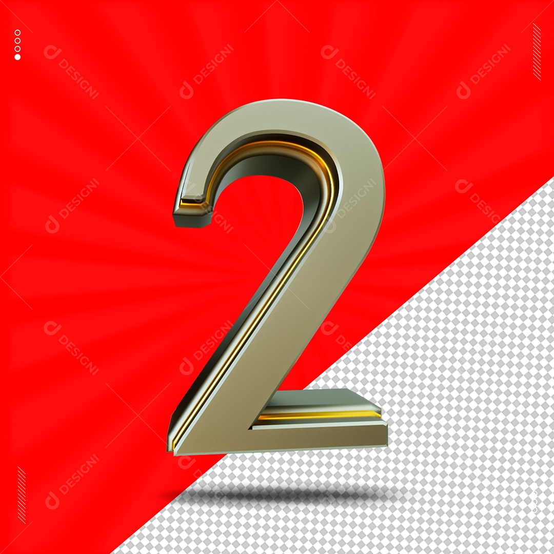 Número 3D 2 Cinza e Dourado Para Composição PSD