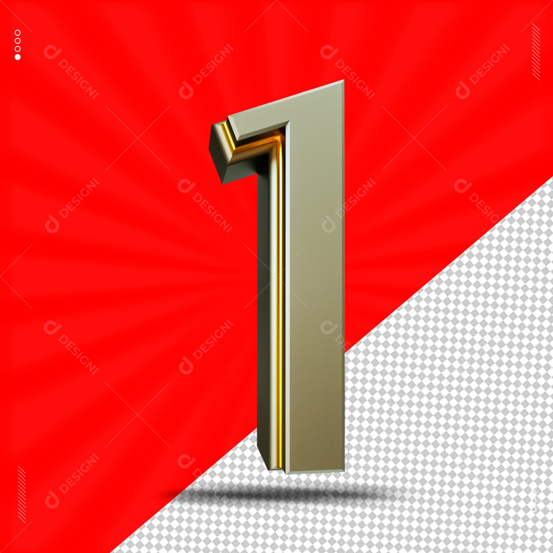 Número 3D 1 Cinza e Dourado Para Composição PSD