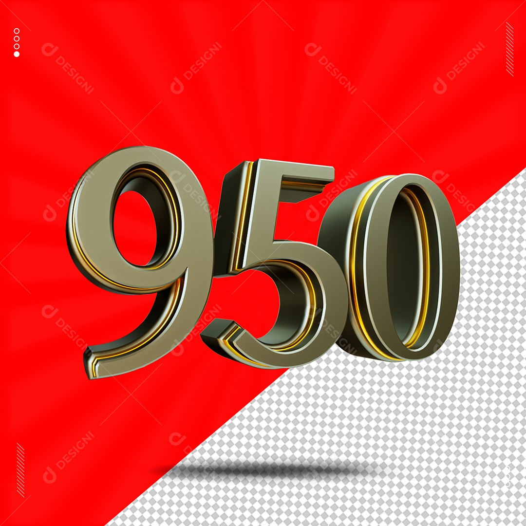 Número 3D 950 Cinza e Dourado Para Composição PSD