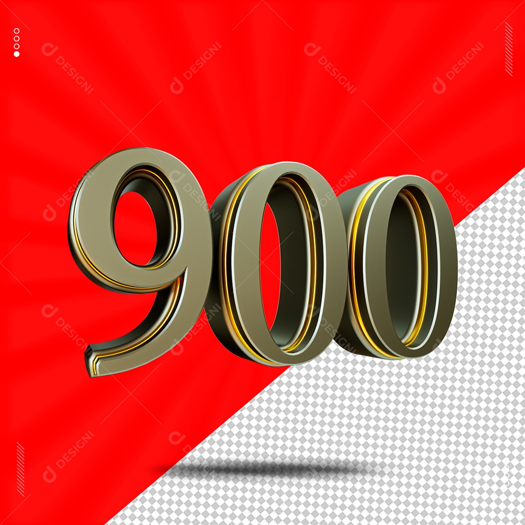 Número 3D 900 Cinza e Dourado Para Composição PSD