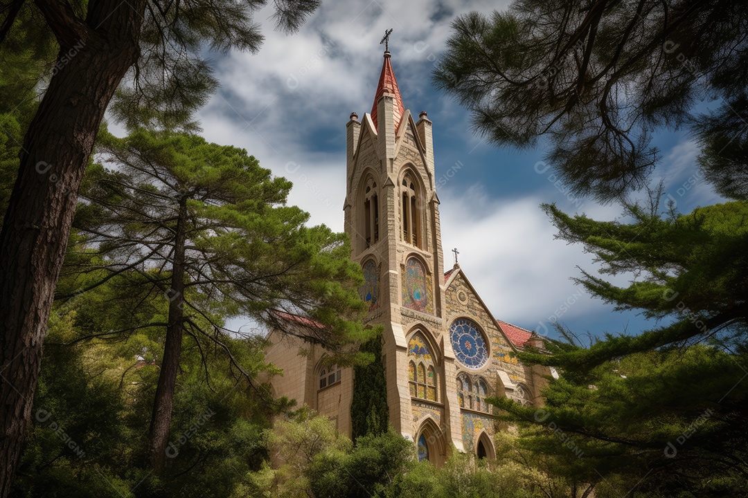 Esplendor Gótico: A Majestosa Igreja Entre os Ciprestes