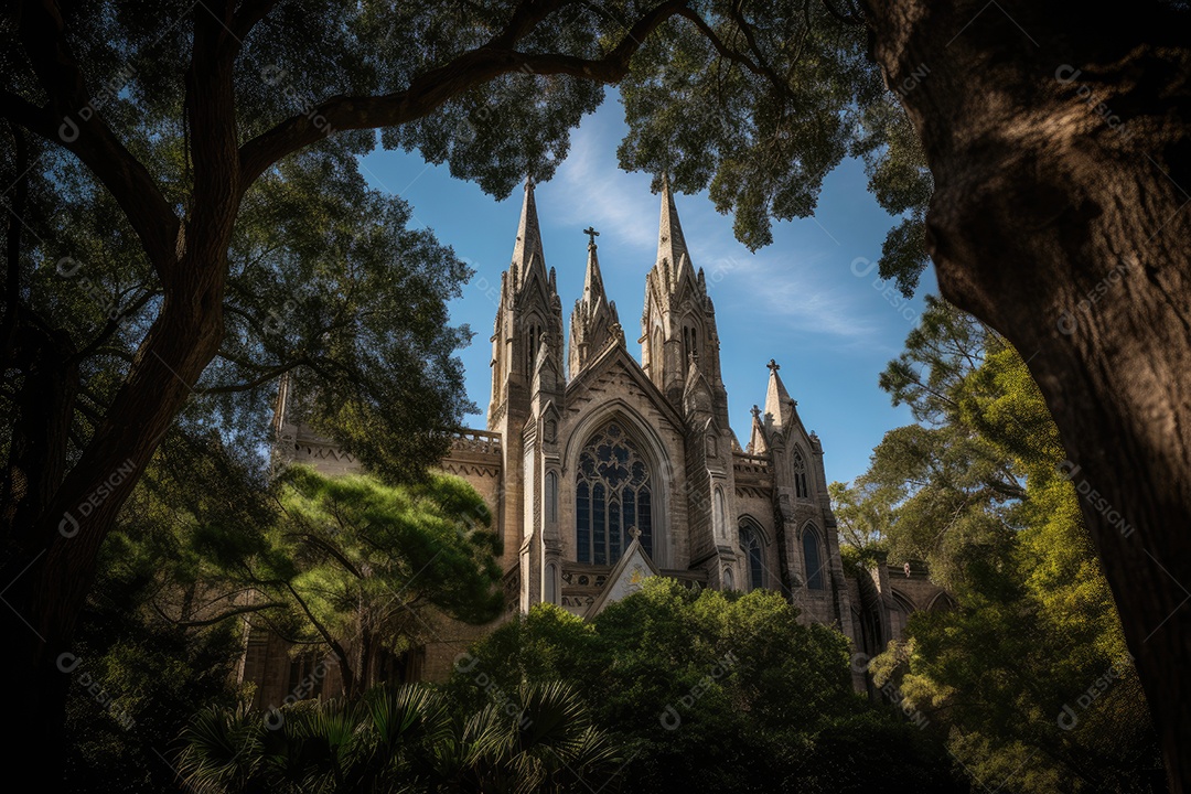 Esplendor Gótico: A Majestosa Igreja Entre os Ciprestes