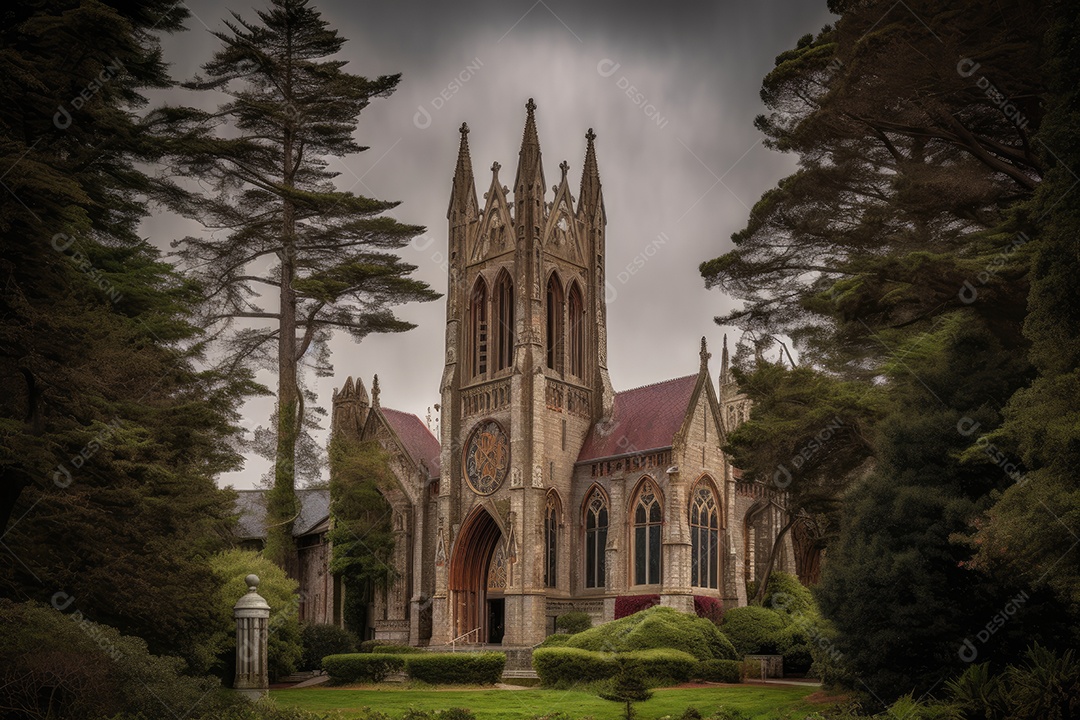 Esplendor Gótico: A Majestosa Igreja Entre os Ciprestes