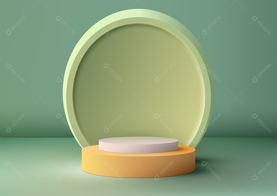 Os degraus do pódio amarelo e branco realistas em 3D ficam com um pano de fundo oval verde suave é uma maquete de ilustrador vetorial moderno
