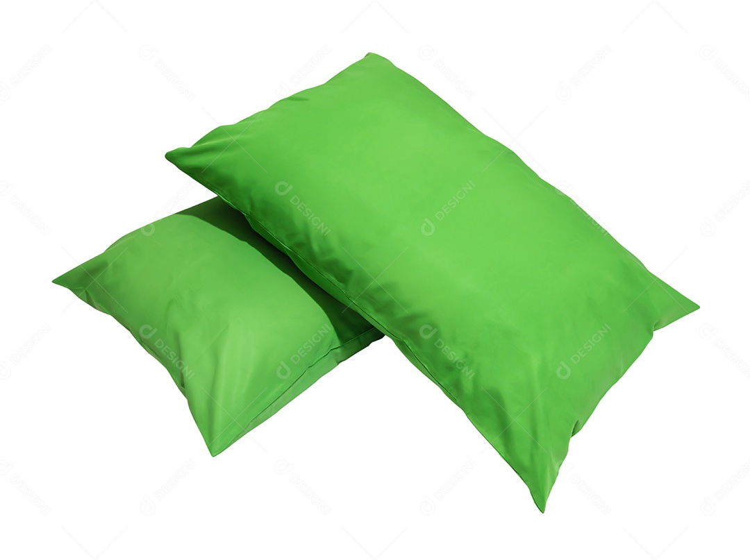 Almofadas verdes em pilha no quarto de hotel ou resort são isoladas em fundo branco com traçado de recorte.