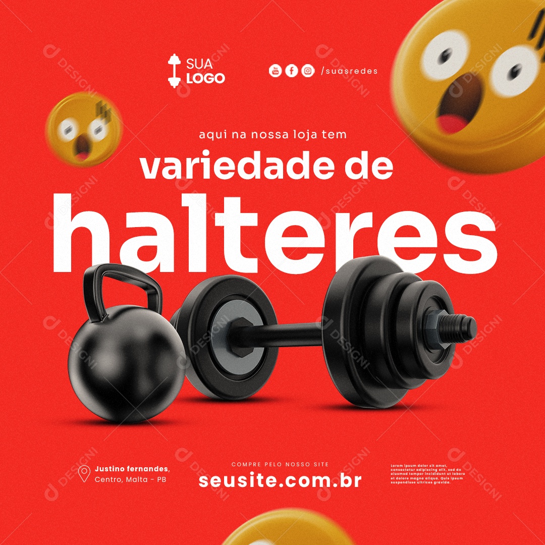 Equipamentos de Academia Aqui na Nossa Loja Tem Variedades de Halteres Social Media PSD Editável