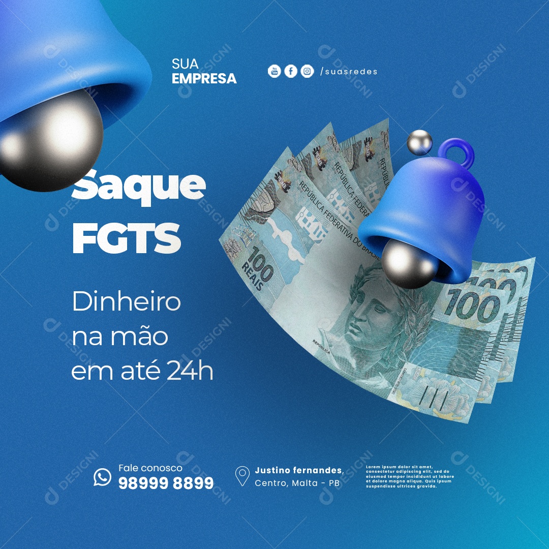 Saque FGTS Dinheiro na Mão Em Até 24h Social Media PSD Editável