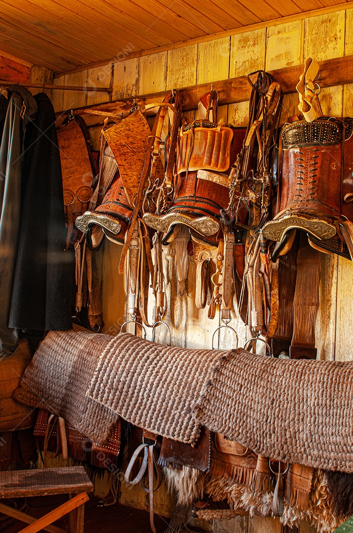 Celas de cavalo pendurados na parede