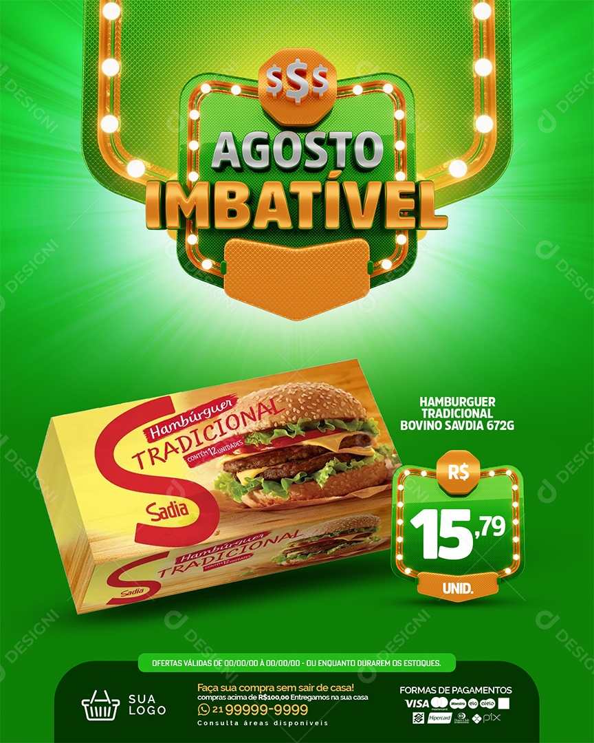 Social Media Feed Agosto Imbatível Hamburguer Tradicional PSD Editável