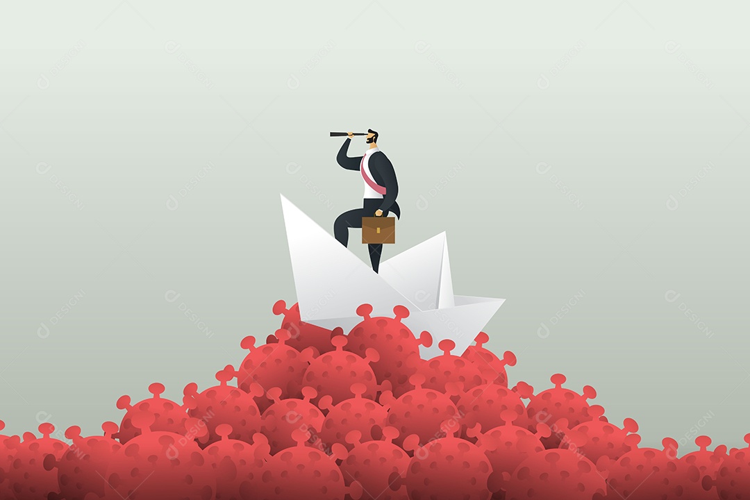 Empresário Em Barco Olhando Pelo Telescópio para a Frente Supere a Crise do Vírus Corona - Conceito de Liderança Empresarial Estratégia de Negócios Pandêmicos Vetor EPS