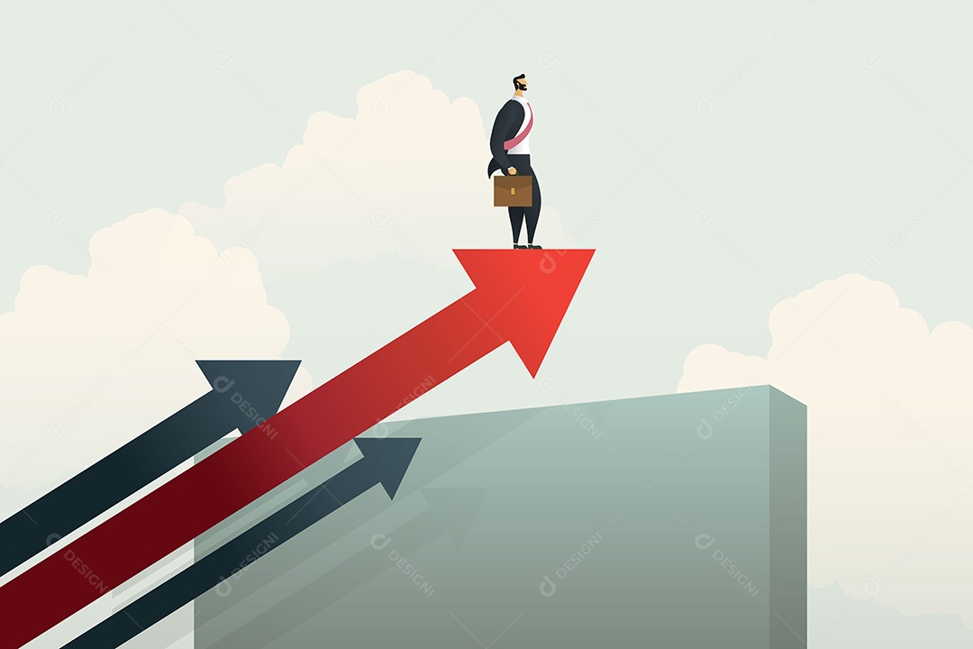 Empresário de Pé na Seta Através da Parede Em Direção Ao Crescente Sucesso e Desafia o Símbolo da Superação Vetor EPS