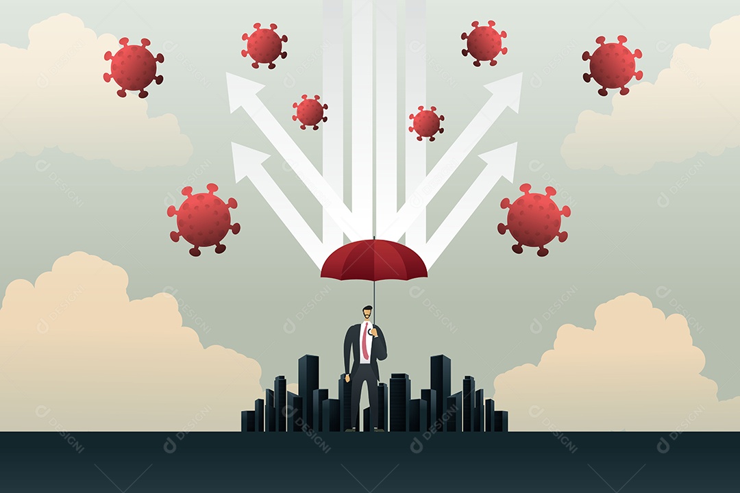 Empresário Com Guarda-chuva Vermelho Protegendo Setas Chuva do Coronavírus Covid-19 Vetor EPS