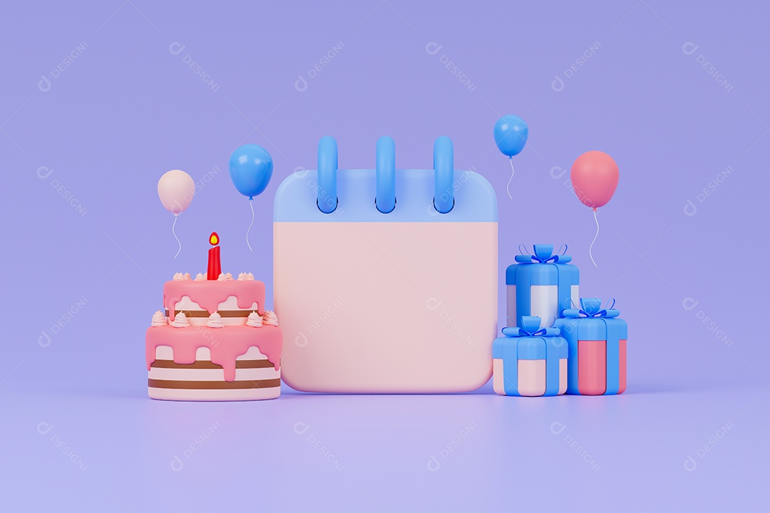 Renderização 3D do calendário de aniversário com bolo, presentes e balões.