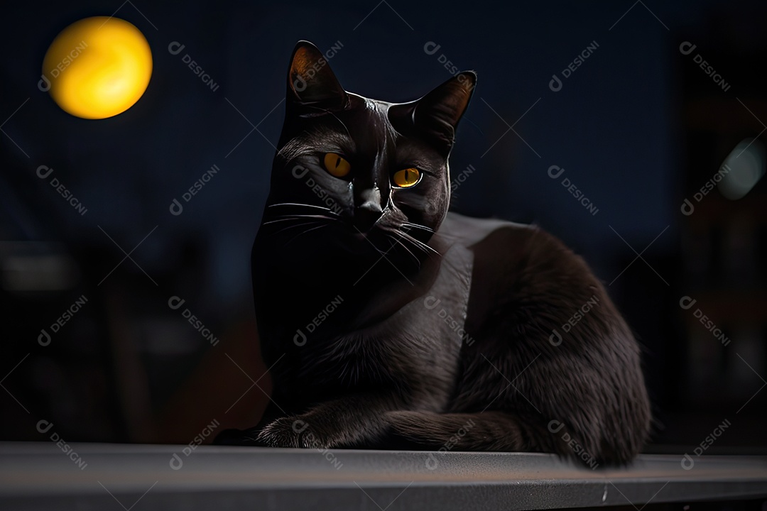 Perscrutando a noite: o gato preto sob a lua