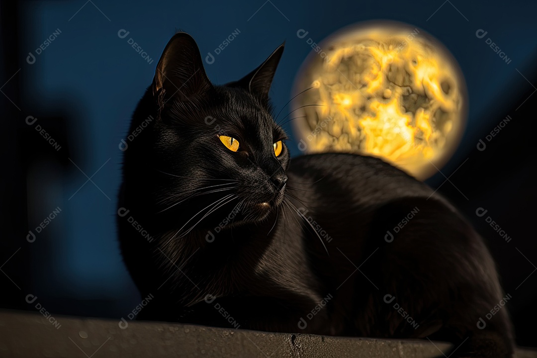 Perscrutando a noite: o gato preto sob a lua