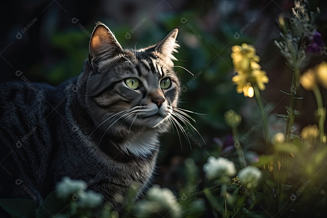 Gato curioso no jardim colorido com borboletas.