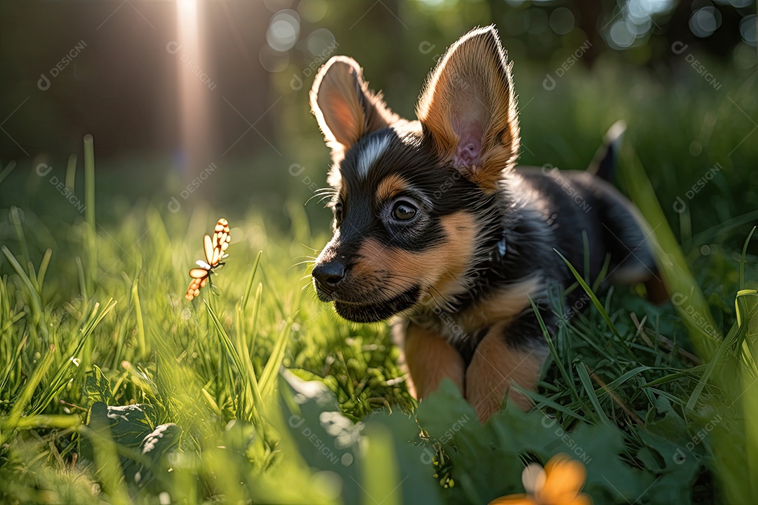 Filhote de cachorro bonito brincando no parque na tarde ensolarada