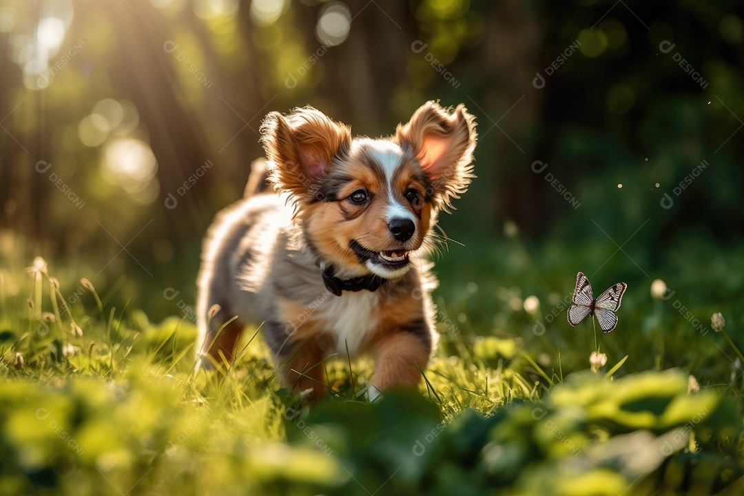 Filhote de cachorro bonito brincando no parque na tarde ensolarada