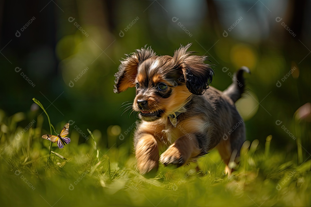 Filhote de cachorro bonito brincando no parque na tarde ensolarada